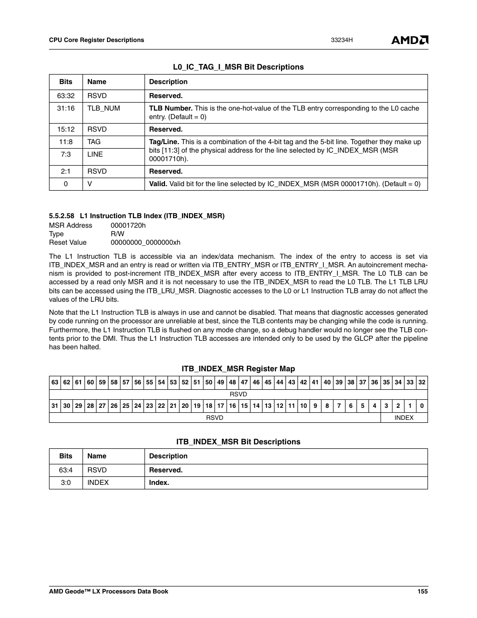 58 l1 instruction tlb index (itb_index_msr), 00001720h, L1 instruction tlb index (itb_index_msr) | 00000000_0000000xh | AMD Geode LX 800@0.9W User Manual | Page 155 / 680