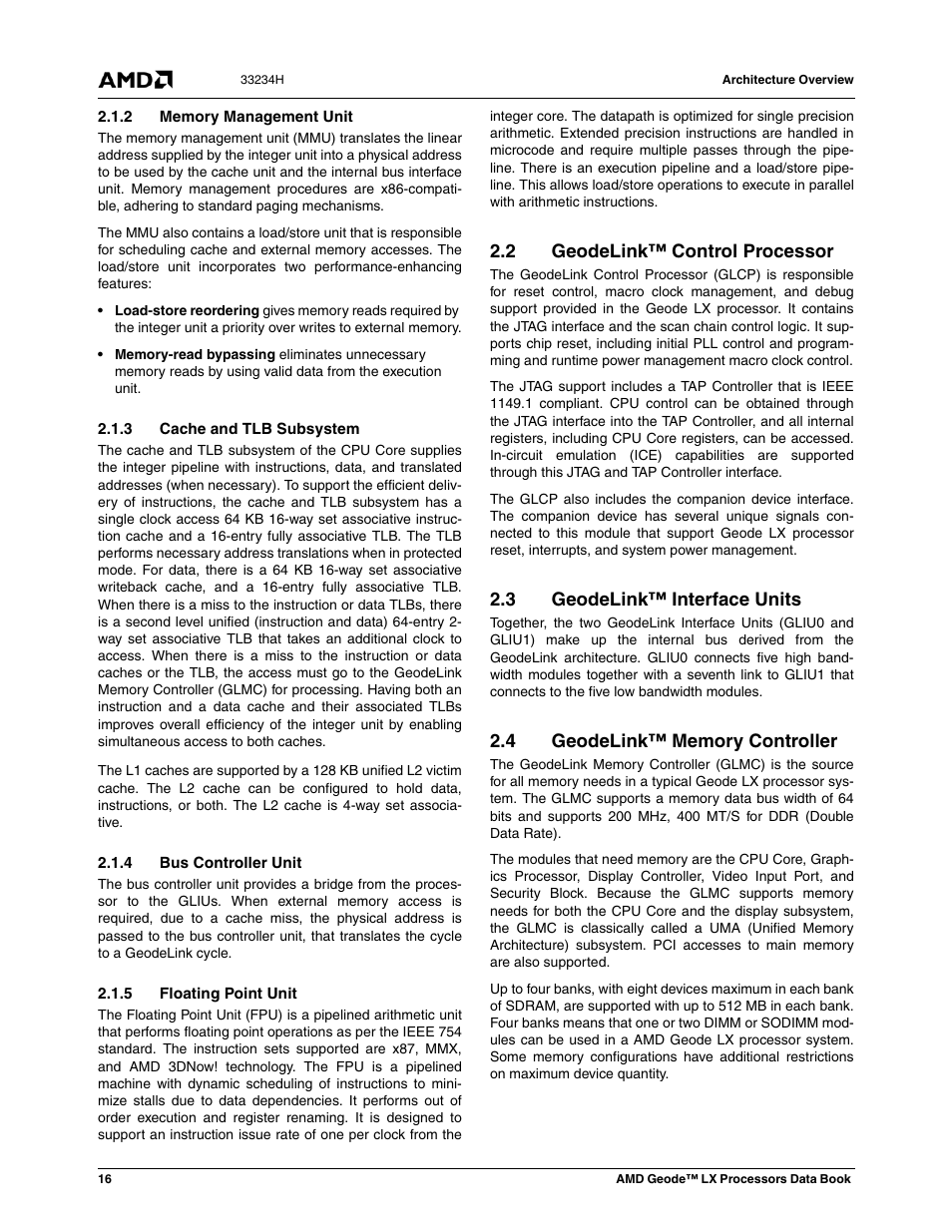 2 memory management unit, 3 cache and tlb subsystem, 4 bus controller unit | 5 floating point unit, 2 geodelink™ control processor, 3 geodelink™ interface units, 4 geodelink™ memory controller, Geodelink™ control processor, Geodelink™ interface units, Geodelink™ memory controller | AMD Geode LX 800@0.9W User Manual | Page 16 / 680