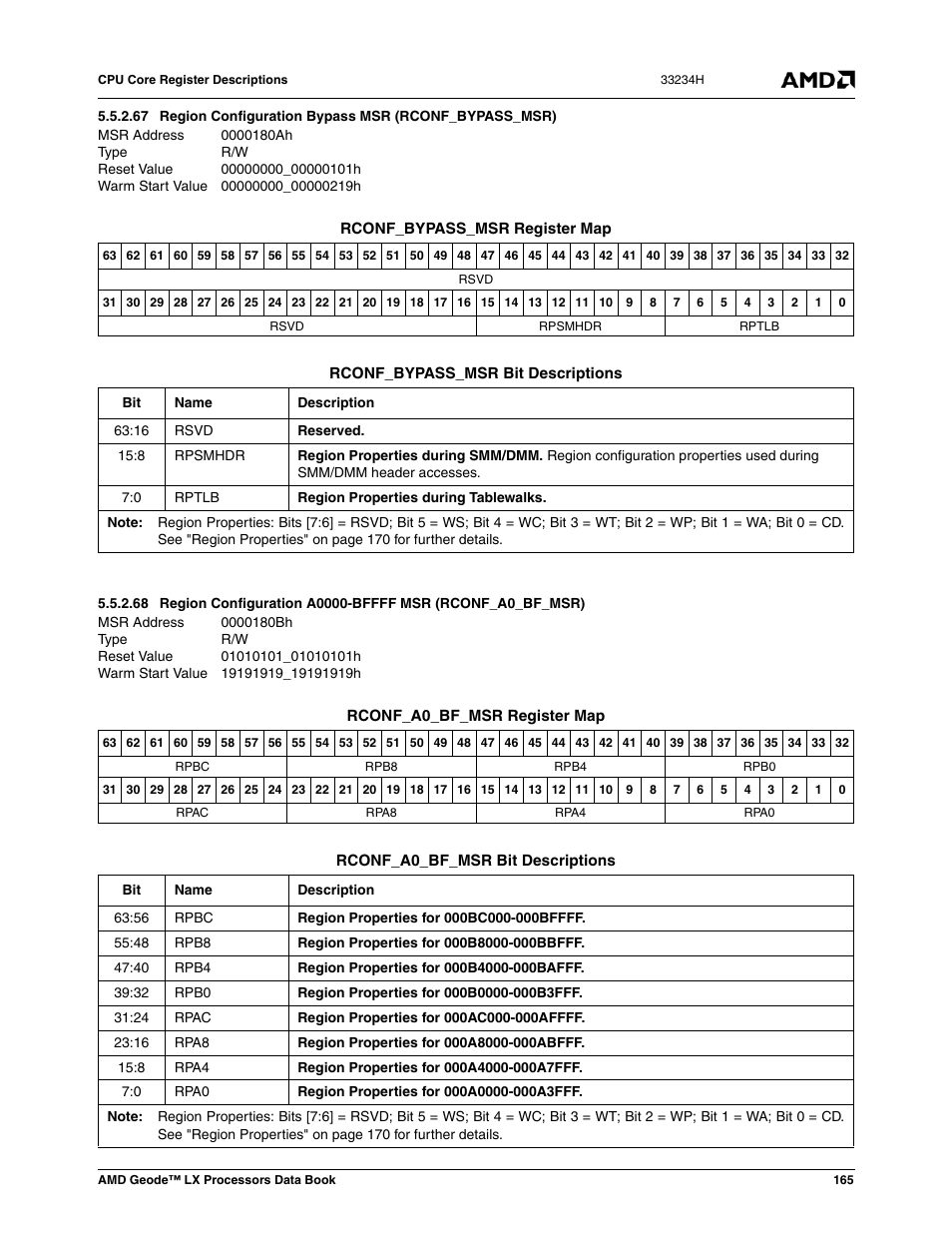 0000180ah, Region configuration bypass msr (rconf_bypass_msr), 00000000_00000101h | 00000000_00000219h, 0000180bh, 01010101_01010101h, 19191919_19191919h | AMD Geode LX 800@0.9W User Manual | Page 165 / 680