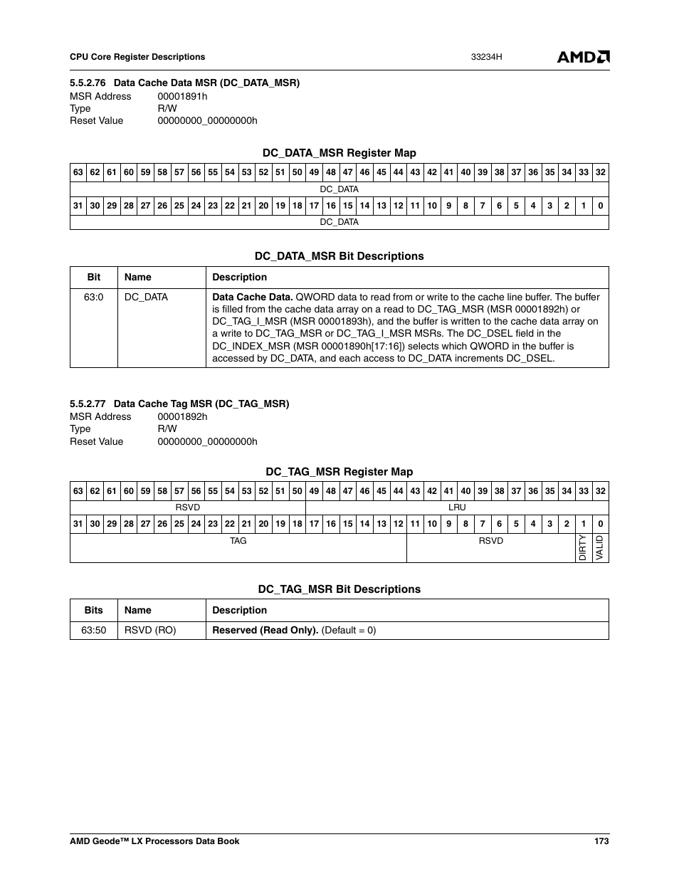 76 data cache data msr (dc_data_msr), 77 data cache tag msr (dc_tag_msr), 00001891h | Data cache data msr (dc_data_msr), 00000000_00000000h, 00001892h, Data cache tag msr (dc_tag_msr) | AMD Geode LX 800@0.9W User Manual | Page 173 / 680
