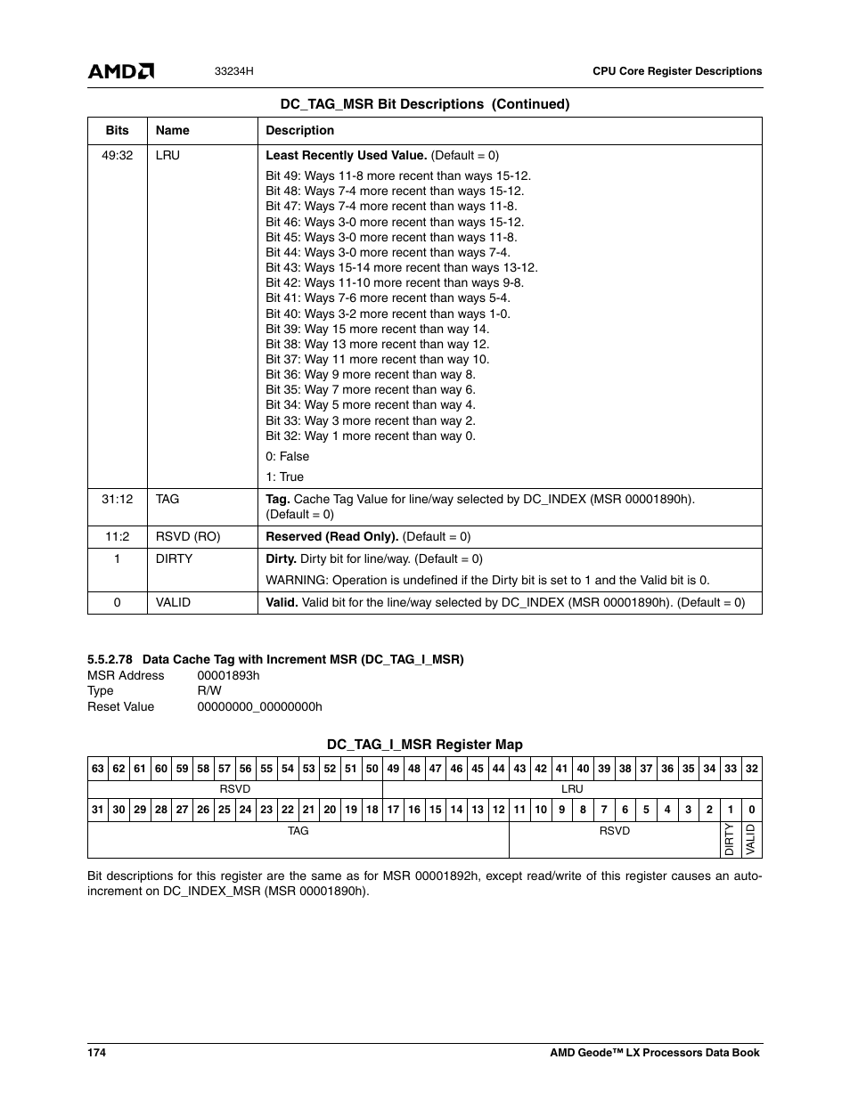 00001893h, Data cache tag with increment msr (dc_tag_i_msr), 00000000_00000000h | AMD Geode LX 800@0.9W User Manual | Page 174 / 680