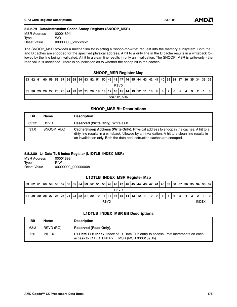 80 l1 data tlb index register (l1dtlb_index_msr), 00001894h, Data/instruction cache snoop register (snoop_msr) | 00000000_xxxxxxxxh, 00001898h, L1 data tlb index register (l1dtlb_index_msr), 00000000_00000000h | AMD Geode LX 800@0.9W User Manual | Page 175 / 680