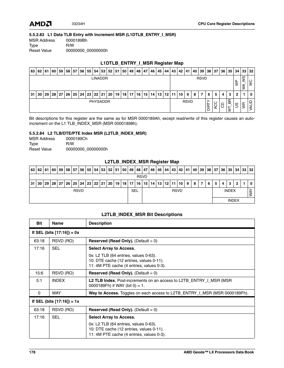 84 l2 tlb/dte/pte index msr (l2tlb_index_msr), 0000189bh, 00000000_00000000h | 0000189ch, L2 tlb/dte/pte index msr (l2tlb_index_msr) | AMD Geode LX 800@0.9W User Manual | Page 178 / 680