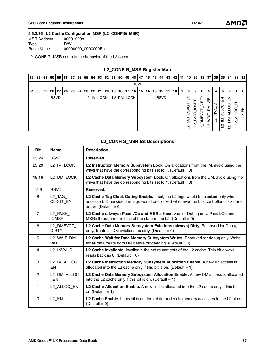 95 l2 cache configuration msr (l2_config_msr), 00001920h, L2 cache configuration msr (l2_config_msr) | 00000000_0000000eh | AMD Geode LX 800@0.9W User Manual | Page 187 / 680
