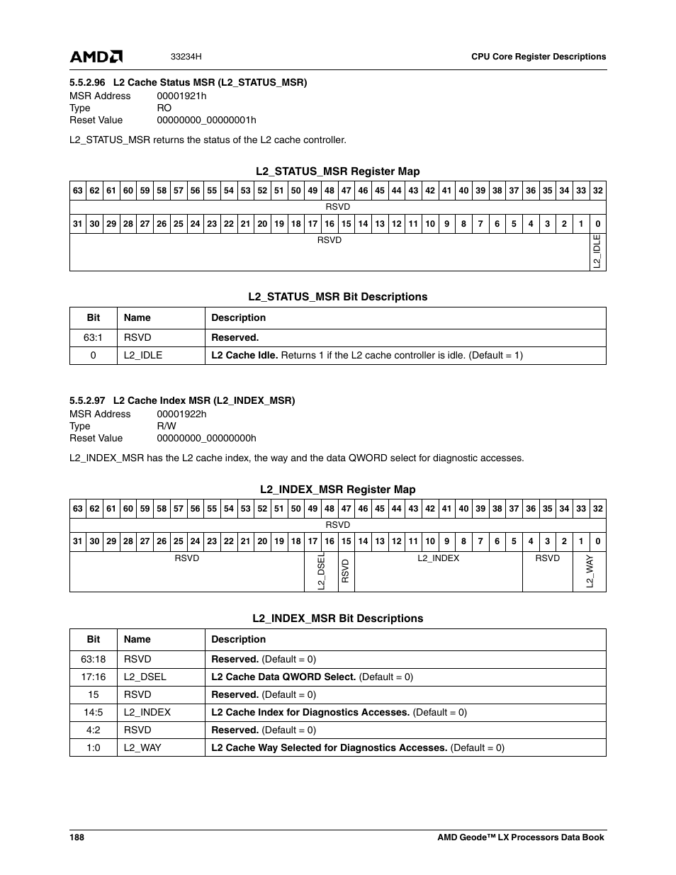 96 l2 cache status msr (l2_status_msr), 97 l2 cache index msr (l2_index_msr), 00001921h | L2 cache status msr (l2_status_msr), 00000000_00000001h, 00001922h, L2 cache index msr (l2_index_msr), 00000000_00000000h | AMD Geode LX 800@0.9W User Manual | Page 188 / 680