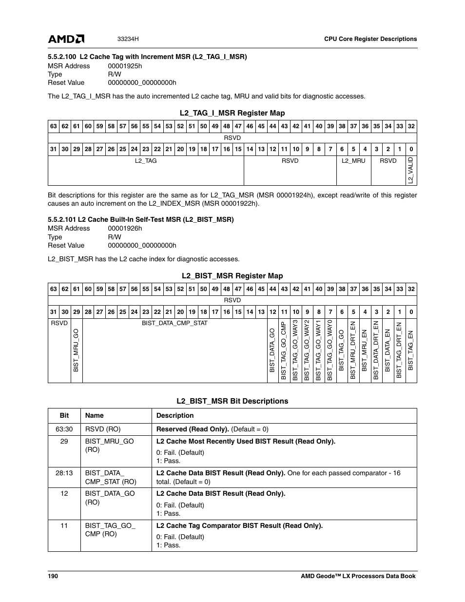 100 l2 cache tag with increment msr (l2_tag_i_msr), 101 l2 cache built-in self-test msr (l2_bist_msr), 00001925h | L2 cache tag with increment msr (l2_tag_i_msr), 00000000_00000000h, 00001926h, L2 cache built-in self-test msr (l2_bist_msr) | AMD Geode LX 800@0.9W User Manual | Page 190 / 680