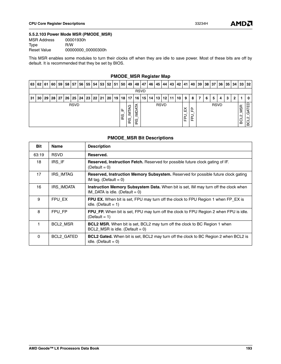 103 power mode msr (pmode_msr), 00001930h, Power mode msr (pmode_msr) | 00000000_00000300h | AMD Geode LX 800@0.9W User Manual | Page 193 / 680