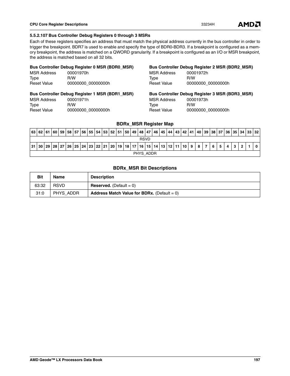 00001970h, Bus controller debug register 0 msr (bdr0_msr), 00000000_00000000h | 00001971h, Bus controller debug register 1 msr (bdr1_msr), 00001972h, Bus controller debug register 2 msr (bdr2_msr), 00001973h, Bus controller debug register 3 msr (bdr3_msr) | AMD Geode LX 800@0.9W User Manual | Page 197 / 680