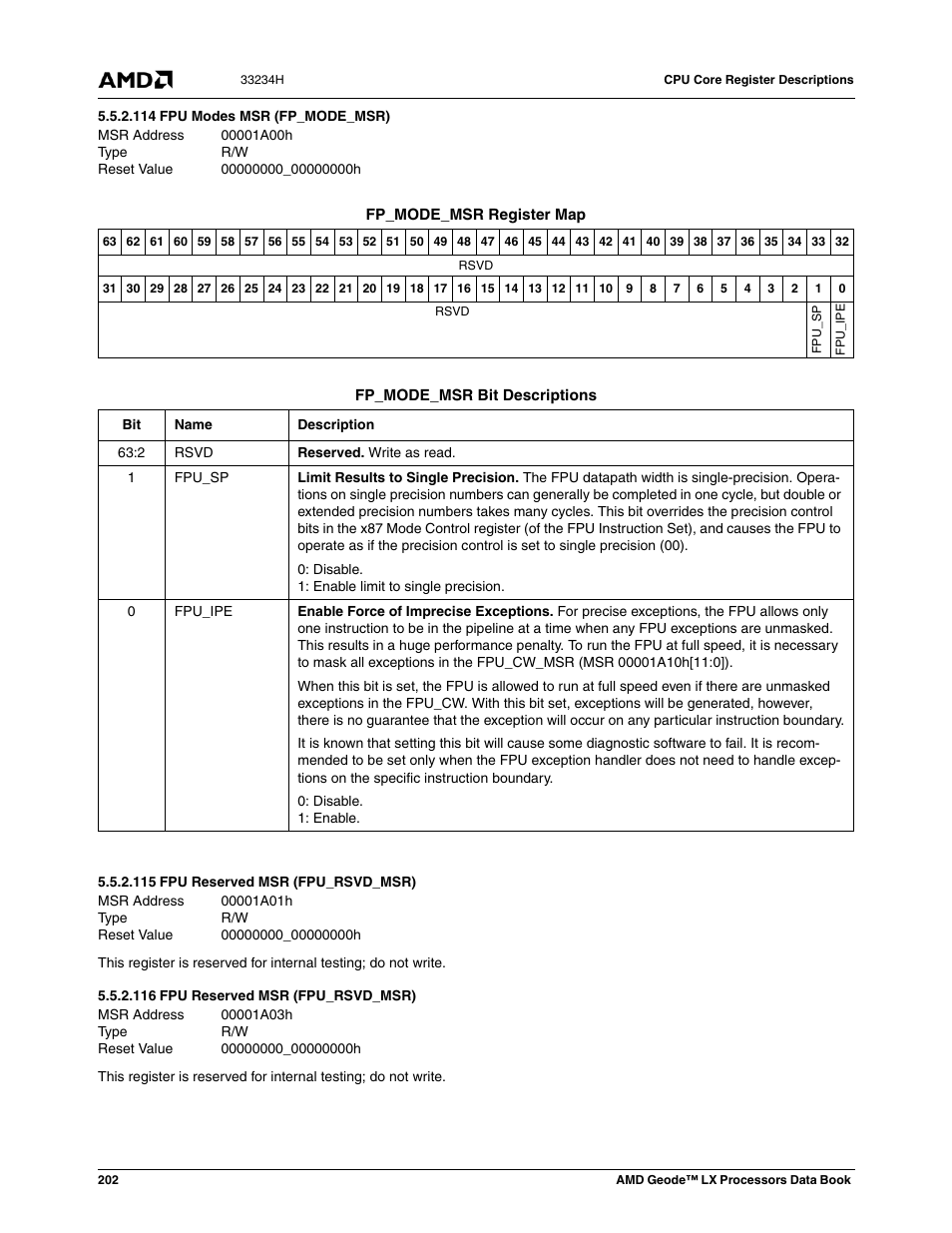 114 fpu modes msr (fp_mode_msr), 115 fpu reserved msr (fpu_rsvd_msr), 116 fpu reserved msr (fpu_rsvd_msr) | 00001a00h, Fpu modes msr (fp_mode_msr), 00000000_00000000h, 00001a03h, Fpu reserved msr (fpu_rsvd_msr) | AMD Geode LX 800@0.9W User Manual | Page 202 / 680