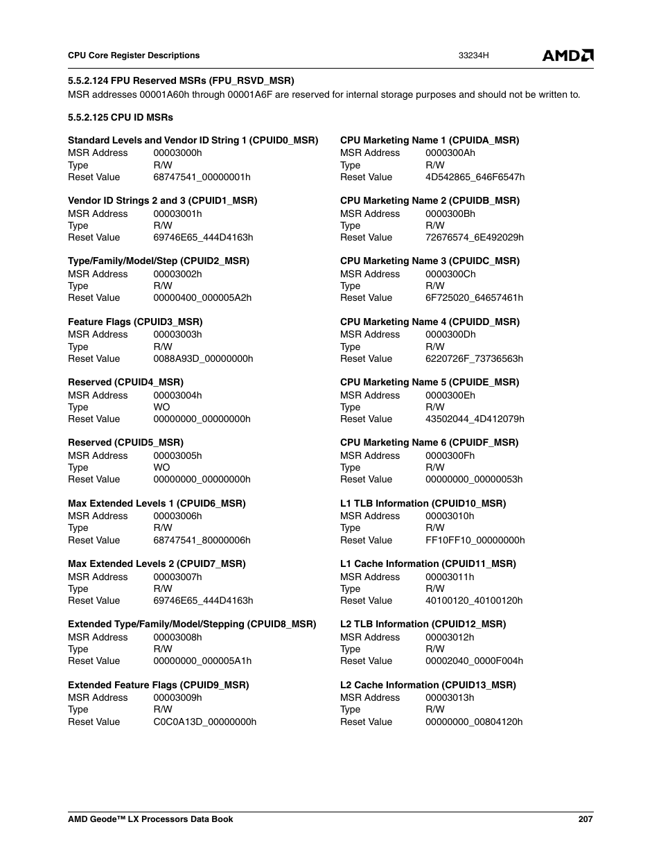 124 fpu reserved msrs (fpu_rsvd_msr), 125 cpu id msrs, Fpu reserved msrs (fpu_rsvd_msr) | 00003000h, 68747541_00000001h, 00003001h, Vendor id strings 2 and 3 (cpuid1_msr), 69746e65_444d4163h, 00003002h, Type/family/model/step (cpuid2_msr) | AMD Geode LX 800@0.9W User Manual | Page 207 / 680