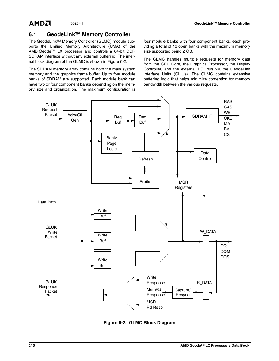 1 geodelink™ memory controller, Geodelink™ memory controller, Figure 6-2 | Glmc block diagram | AMD Geode LX 800@0.9W User Manual | Page 210 / 680