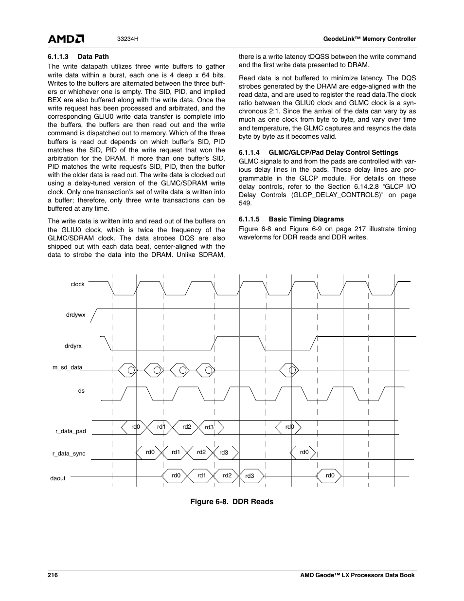 3 data path, 4 glmc/glcp/pad delay control settings, 5 basic timing diagrams | Figure 6-8, Ddr reads | AMD Geode LX 800@0.9W User Manual | Page 216 / 680