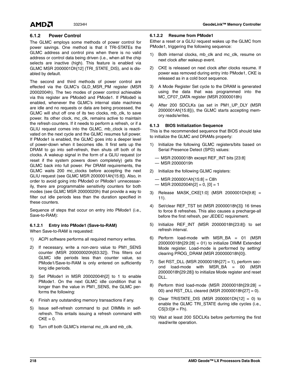 2 power control, 1 entry into pmode1 (save-to-ram), 2 resume from pmode1 | 3 bios initialization sequence | AMD Geode LX 800@0.9W User Manual | Page 218 / 680