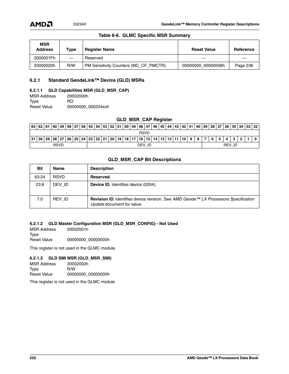 1 standard geodelink™ device (gld) msrs, 1 gld capabilities msr (gld_msr_cap), 3 gld smi msr (gld_msr_smi) | Gld capabilities msr (gld_msr_cap), Gld smi msr (gld_msr_smi) | AMD Geode LX 800@0.9W User Manual | Page 220 / 680