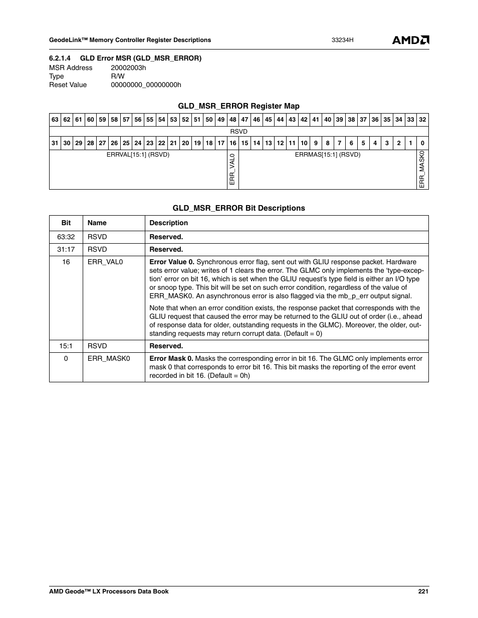 4 gld error msr (gld_msr_error), Gld error msr (gld_msr_error) | AMD Geode LX 800@0.9W User Manual | Page 221 / 680