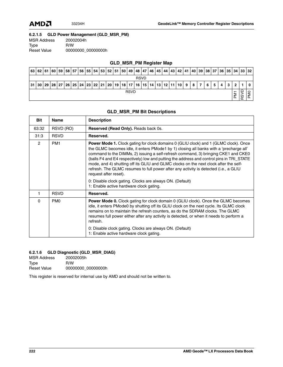 5 gld power management (gld_msr_pm), 6 gld diagnostic (gld_msr_diag), Gld power management (gld_msr_pm) | Gld diagnostic (gld_msr_diag) | AMD Geode LX 800@0.9W User Manual | Page 222 / 680