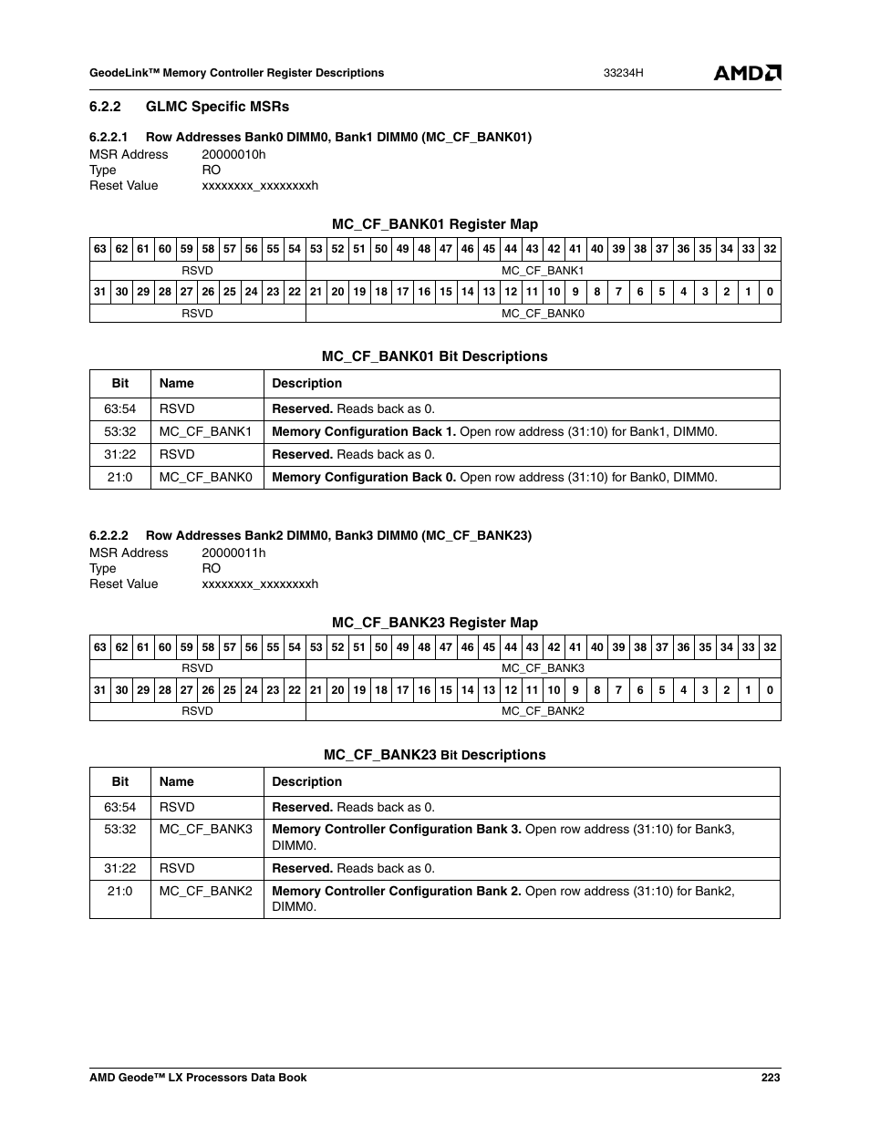 2 glmc specific msrs | AMD Geode LX 800@0.9W User Manual | Page 223 / 680