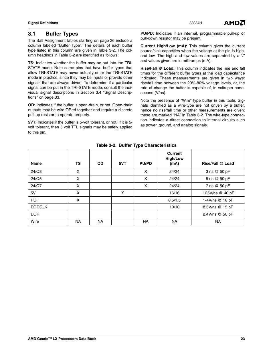 1 buffer types, Buffer types, Table 3-2 | Buffer type characteristics | AMD Geode LX 800@0.9W User Manual | Page 23 / 680