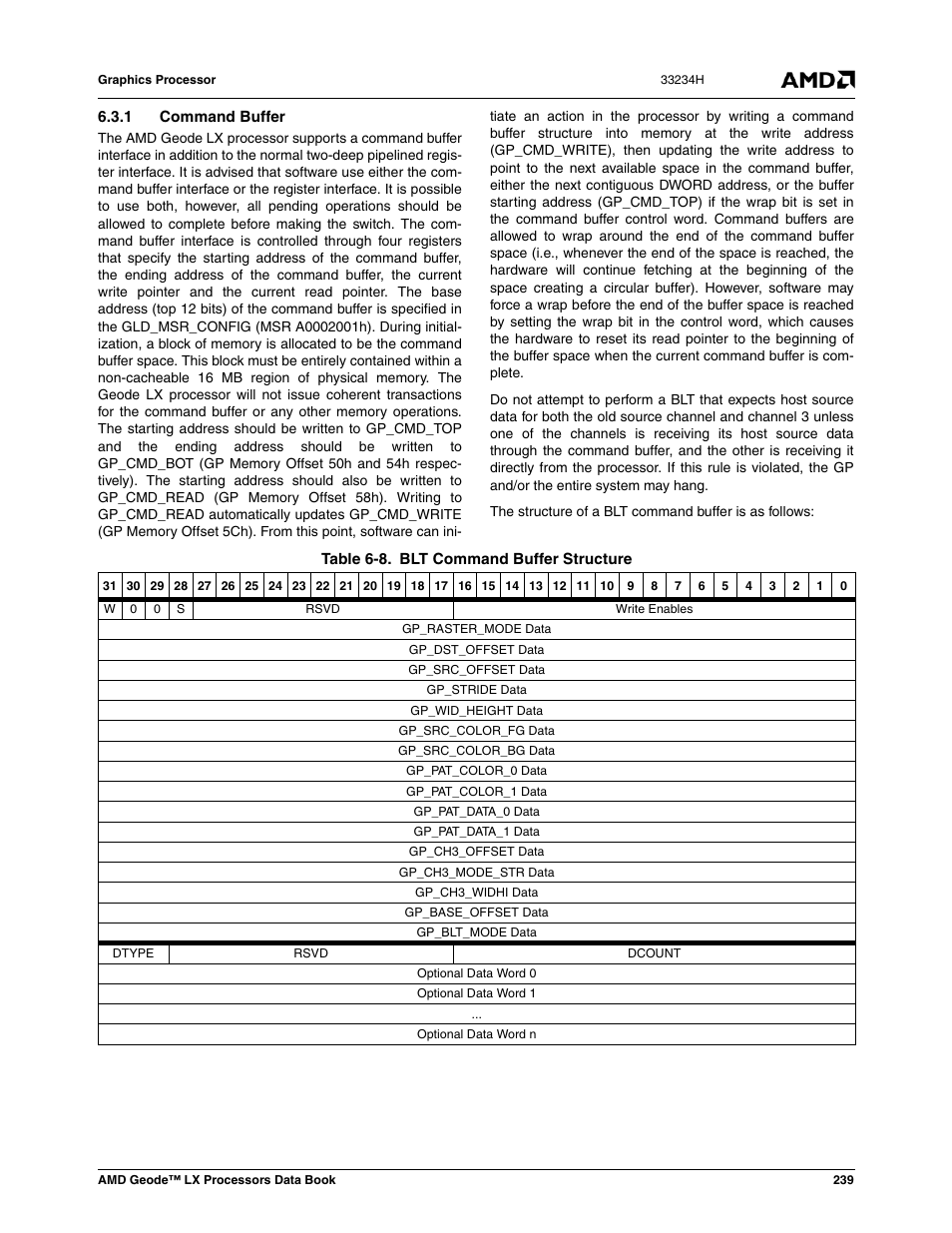 1 command buffer, Table 6-8, Blt command buffer structure | AMD Geode LX 800@0.9W User Manual | Page 239 / 680