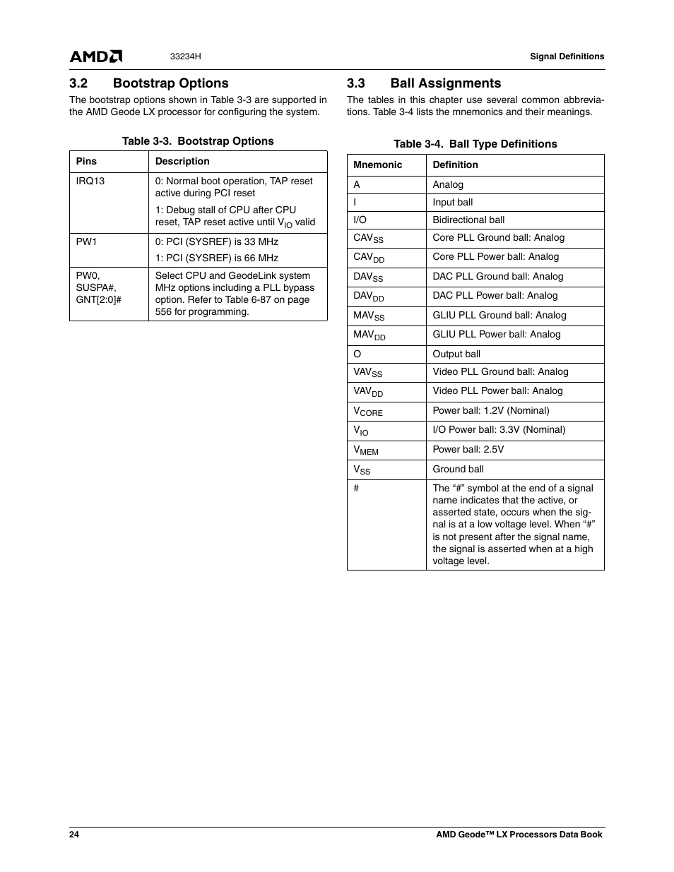 2 bootstrap options, 3 ball assignments, Bootstrap options | Ball assignments, Table 3-3, Table 3-4, Ball type definitions | AMD Geode LX 800@0.9W User Manual | Page 24 / 680