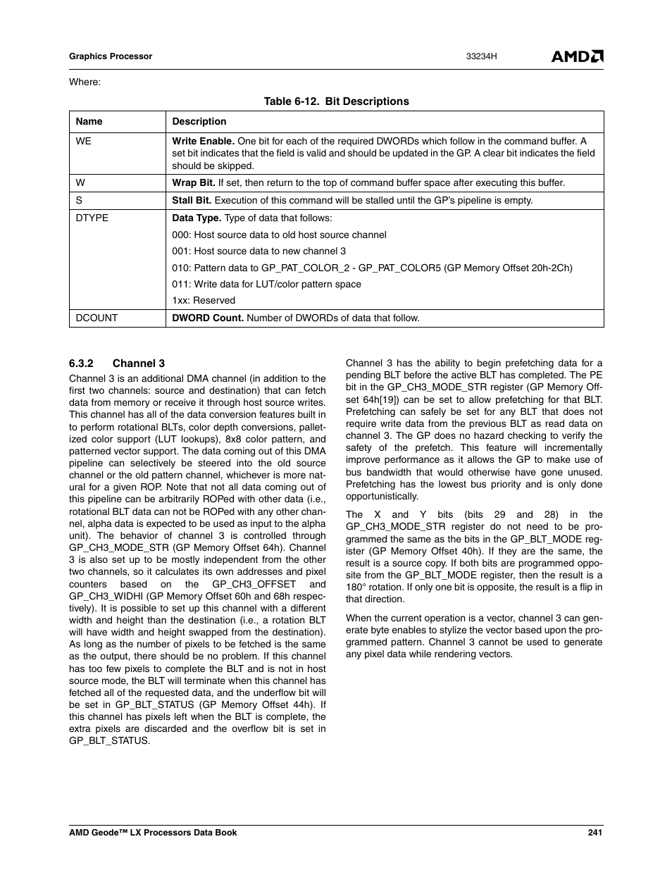 2 channel 3, Table 6-12, Bit descriptions | AMD Geode LX 800@0.9W User Manual | Page 241 / 680