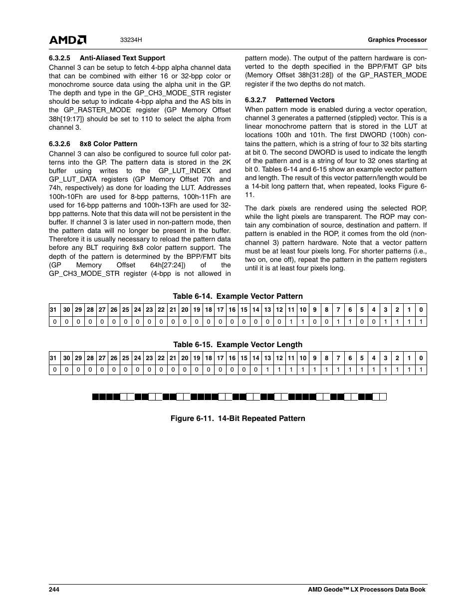 5 anti-aliased text support, 6 8x8 color pattern, 7 patterned vectors | Figure 6-11, Bit repeated pattern, Table 6-14, Example vector pattern, Table 6-15, Example vector length | AMD Geode LX 800@0.9W User Manual | Page 244 / 680