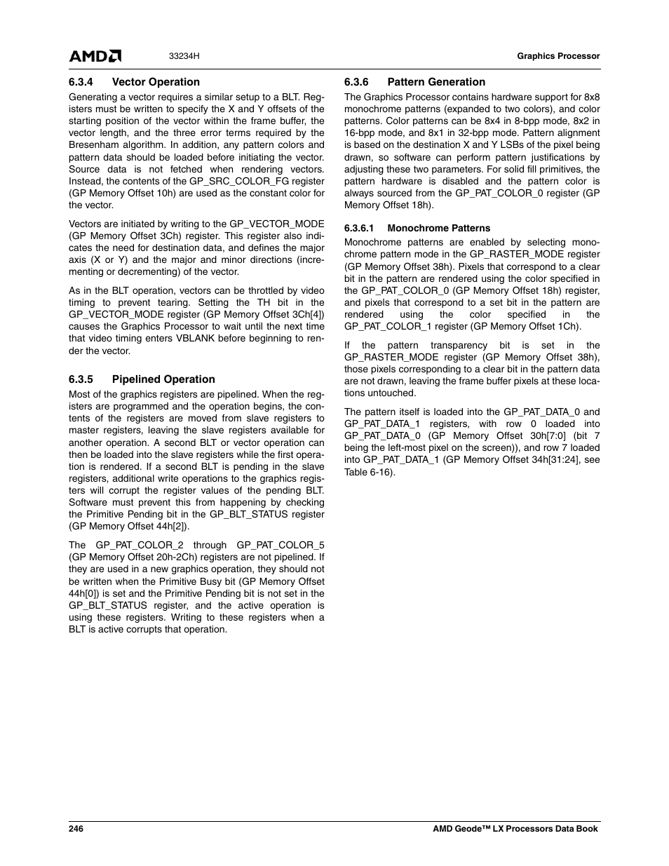 4 vector operation, 5 pipelined operation, 6 pattern generation | 1 monochrome patterns | AMD Geode LX 800@0.9W User Manual | Page 246 / 680