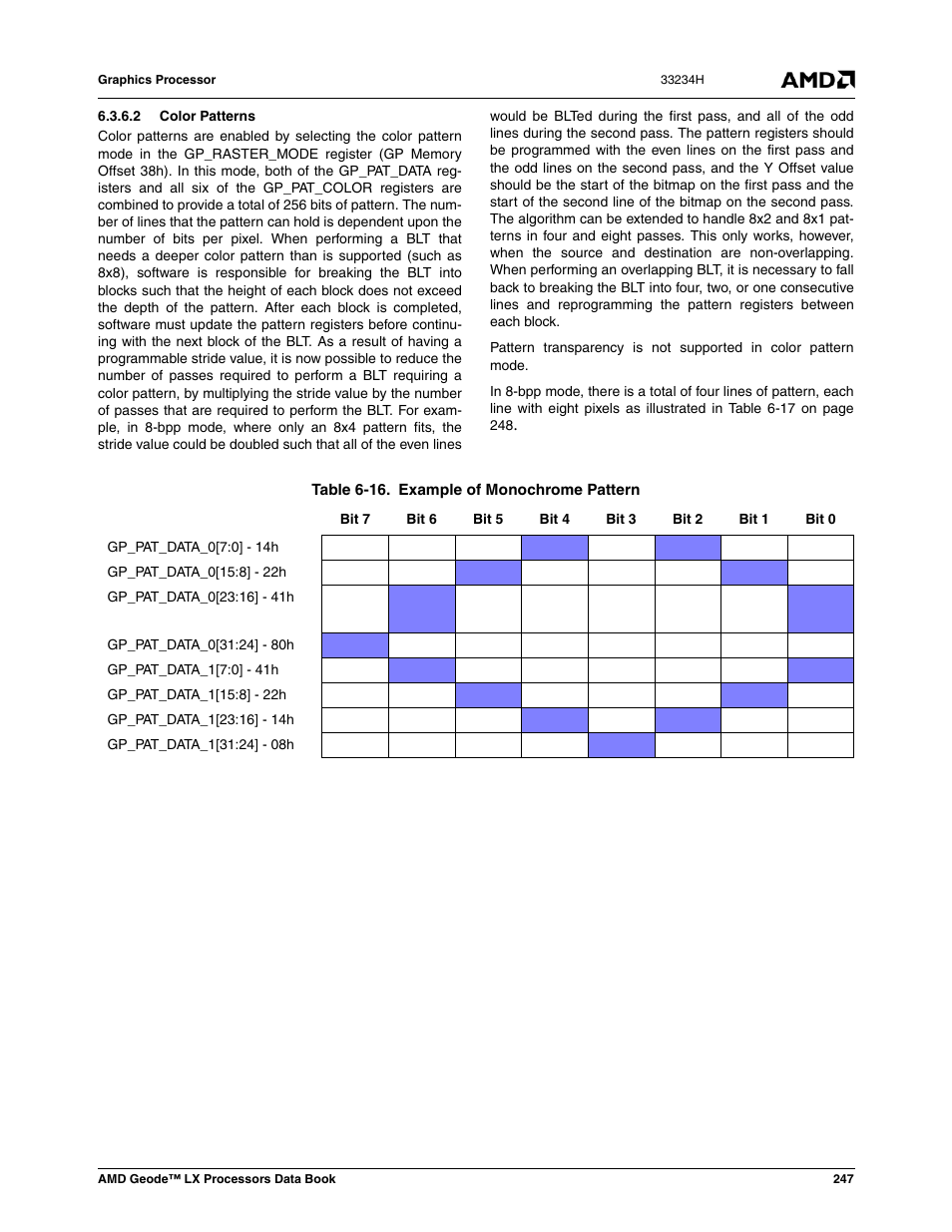 2 color patterns, Table 6-16, Example of monochrome pattern | AMD Geode LX 800@0.9W User Manual | Page 247 / 680