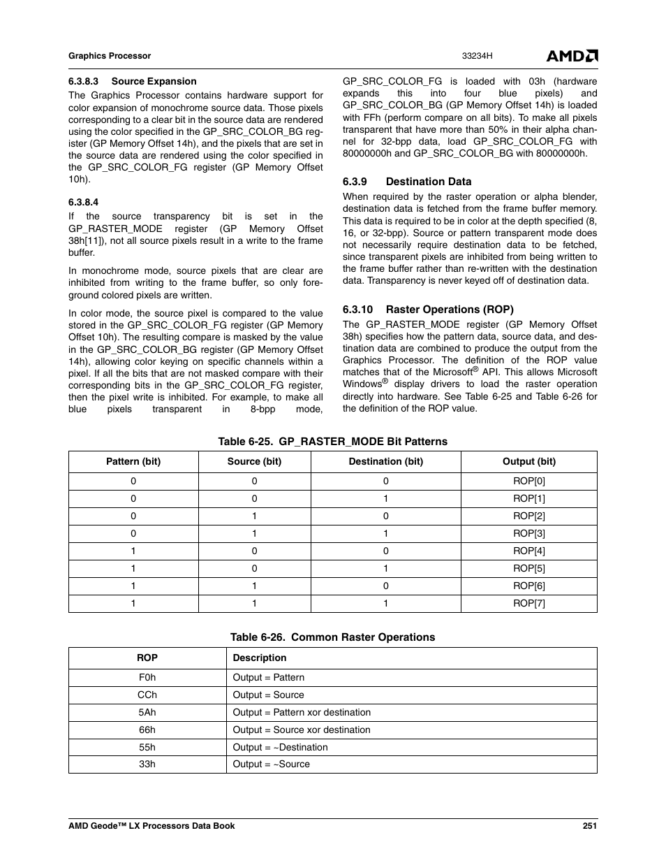 3 source expansion, 4 source transparency, 9 destination data | 10 raster operations (rop), Table 6-25, Gp_raster_mode bit patterns, Table 6-26, Common raster operations | AMD Geode LX 800@0.9W User Manual | Page 251 / 680