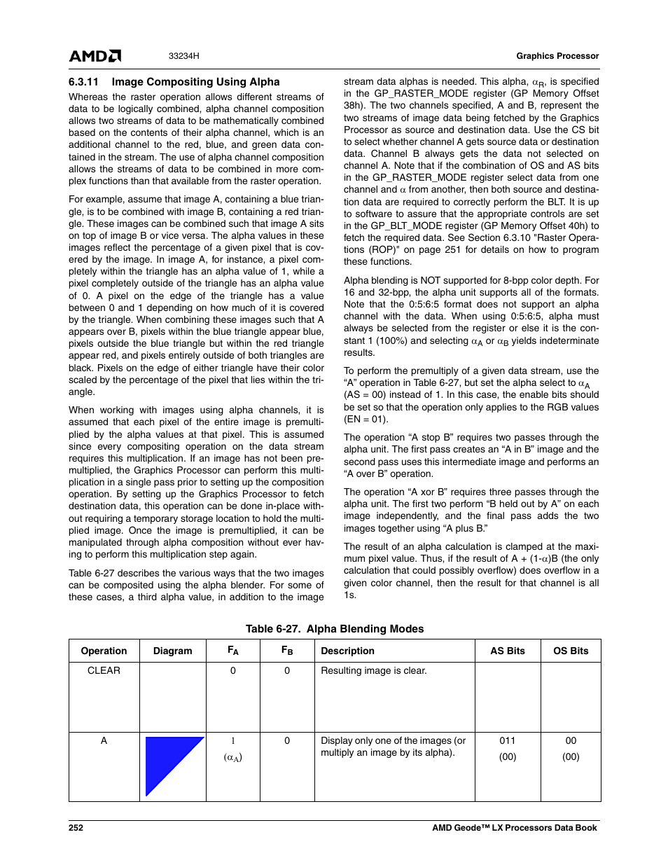 11 image compositing using alpha, Table 6-27, Alpha blending modes | AMD Geode LX 800@0.9W User Manual | Page 252 / 680