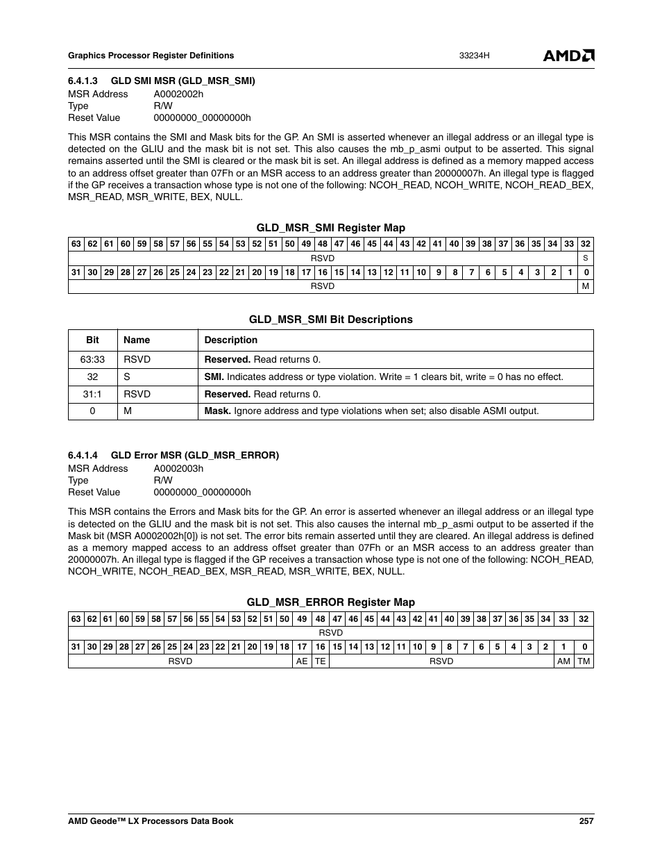 3 gld smi msr (gld_msr_smi), 4 gld error msr (gld_msr_error), Gld smi msr (gld_msr_smi) | Gld error msr (gld_msr_error) | AMD Geode LX 800@0.9W User Manual | Page 257 / 680