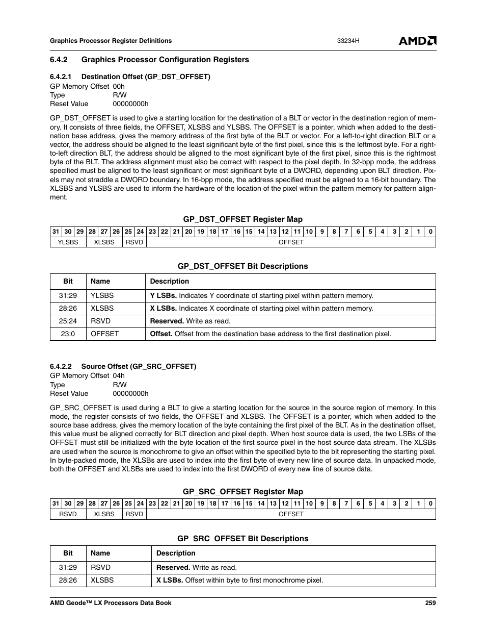 2 graphics processor configuration registers, 1 destination offset (gp_dst_offset), 2 source offset (gp_src_offset) | Destination offset (gp_dst_offset), Source offset (gp_src_offset) | AMD Geode LX 800@0.9W User Manual | Page 259 / 680