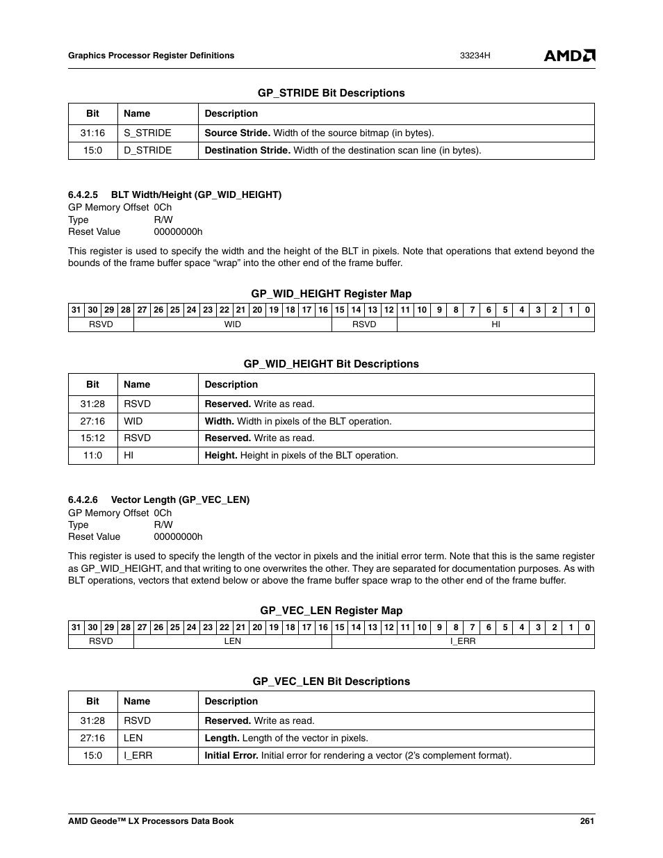 5 blt width/height (gp_wid_height), 6 vector length (gp_vec_len), Blt width/height (gp_wid_height) | Vector length (gp_vec_len) | AMD Geode LX 800@0.9W User Manual | Page 261 / 680