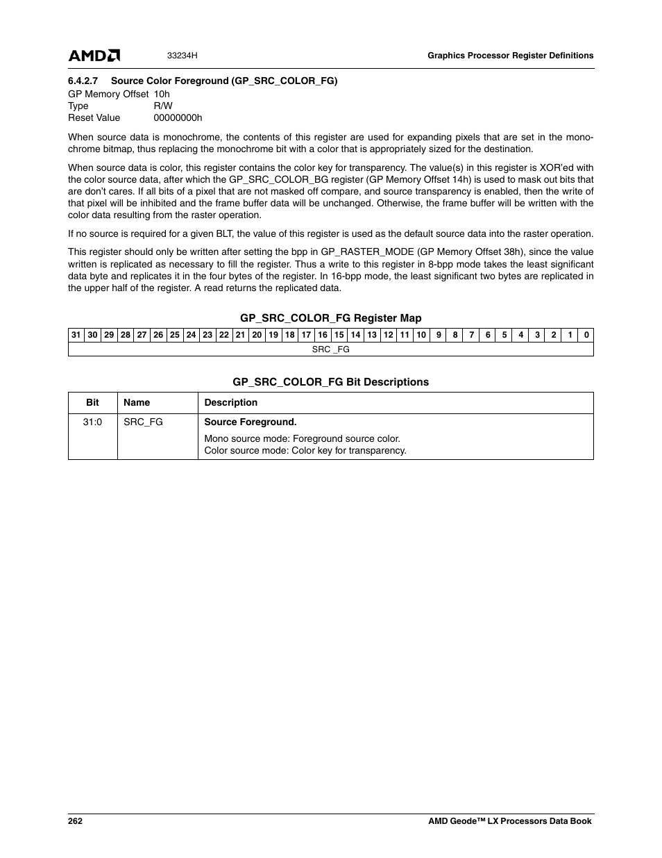 7 source color foreground (gp_src_color_fg), Source color foreground (gp_src_color_fg) | AMD Geode LX 800@0.9W User Manual | Page 262 / 680