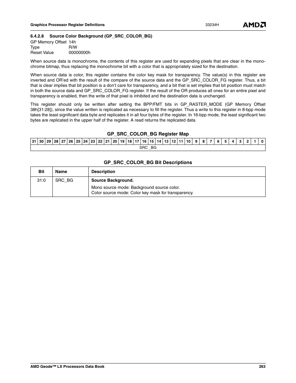 8 source color background (gp_src_color_bg), Source color background (gp_src_color_bg) | AMD Geode LX 800@0.9W User Manual | Page 263 / 680