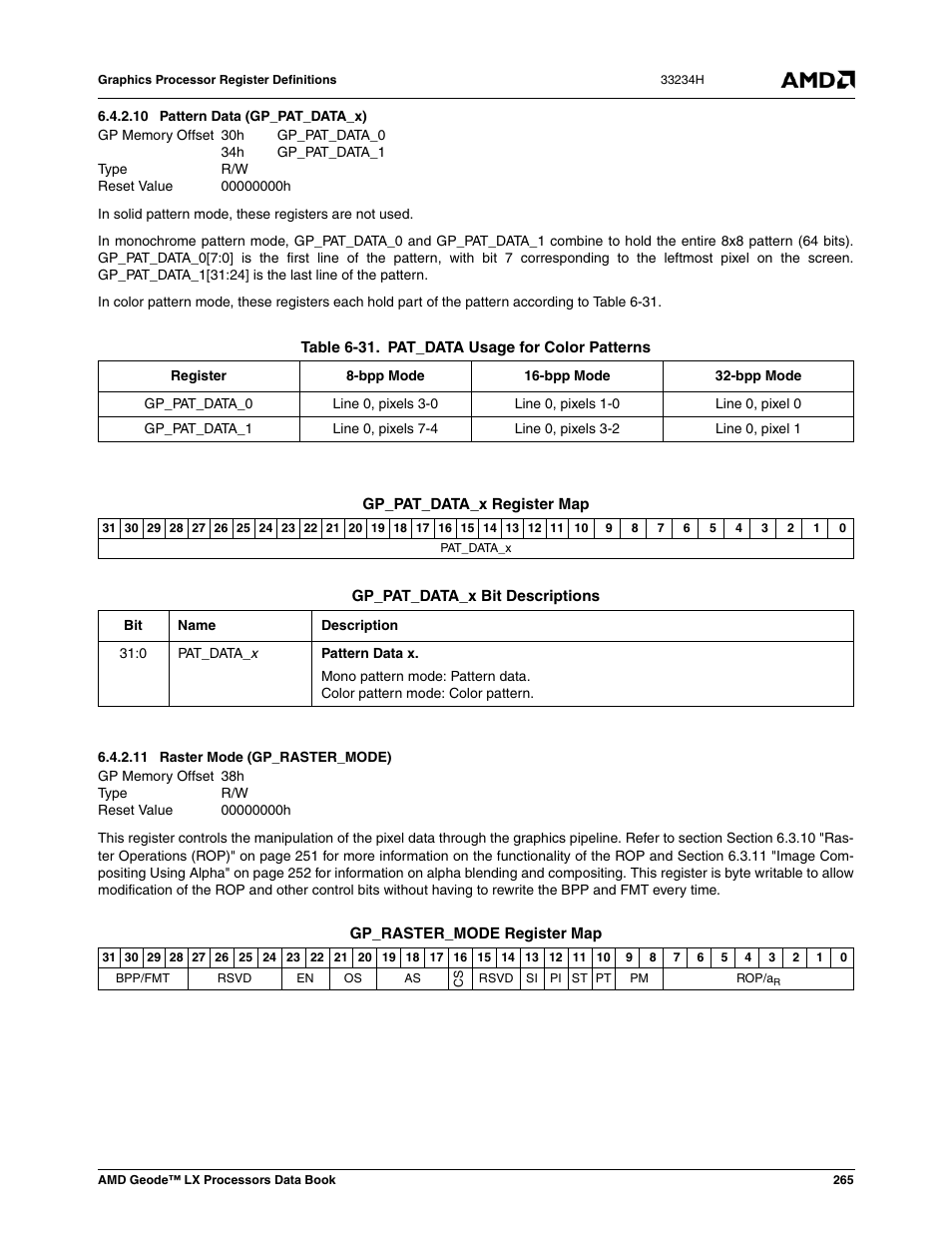 10 pattern data (gp_pat_data_x), 11 raster mode (gp_raster_mode), Table 6-31 | Pat_data usage for color patterns, Pattern data (gp_pat_data_x), Raster mode (gp_raster_mode) | AMD Geode LX 800@0.9W User Manual | Page 265 / 680