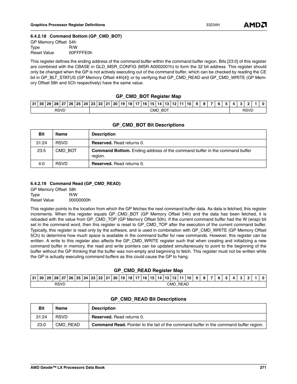 18 command bottom (gp_cmd_bot), 19 command read (gp_cmd_read), Command bottom (gp_cmd_bot) | 00ffffe0h, Command read (gp_cmd_read), 00000000h | AMD Geode LX 800@0.9W User Manual | Page 271 / 680