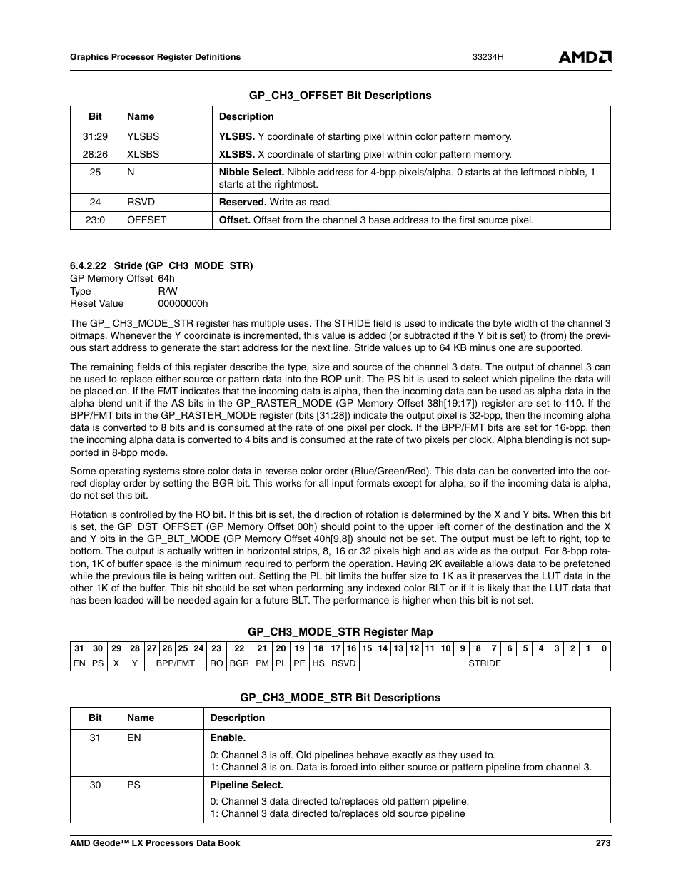 22 stride (gp_ch3_mode_str), Stride (gp_ch3_mode_str), 00000000h | AMD Geode LX 800@0.9W User Manual | Page 273 / 680