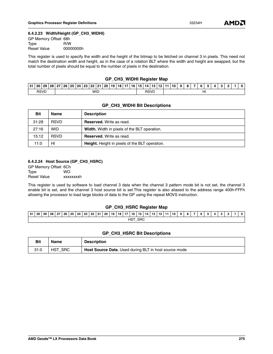 23 width/height (gp_ch3_widhi), 24 host source (gp_ch3_hsrc), Width/height (gp_ch3_widhi) | Host source (gp_ch3_hsrc), Xxxxxxxxh | AMD Geode LX 800@0.9W User Manual | Page 275 / 680