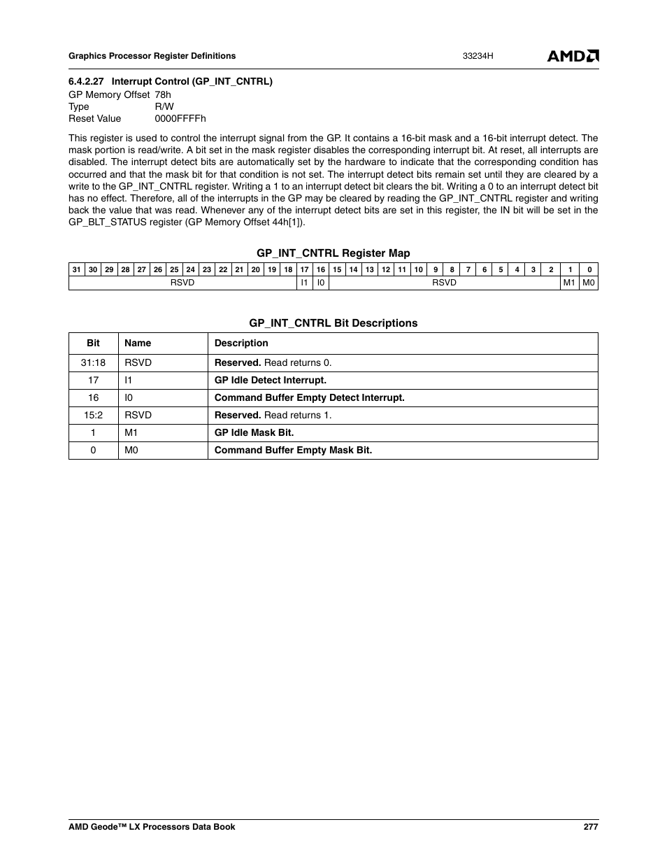 27 interrupt control (gp_int_cntrl), Interrupt control (gp_int_cntrl), 0000ffffh | AMD Geode LX 800@0.9W User Manual | Page 277 / 680