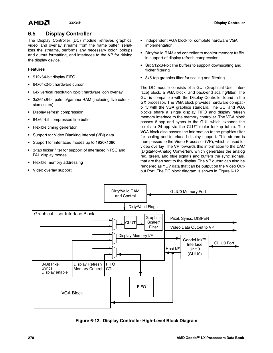 5 display controller, Display controller, Figure 6-12 | Display controller high-level block diagram | AMD Geode LX 800@0.9W User Manual | Page 278 / 680