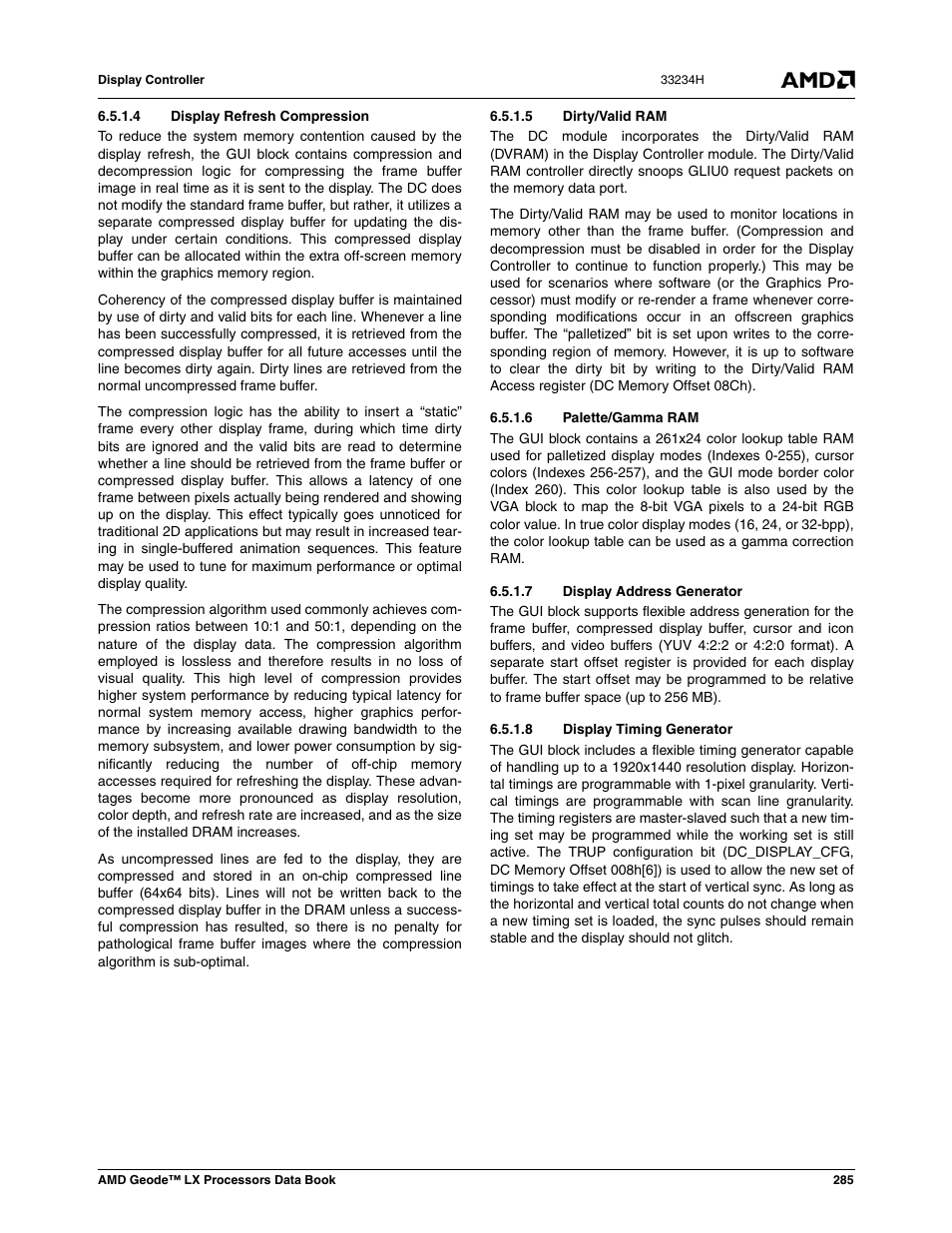 4 display refresh compression, 5 dirty/valid ram, 6 palette/gamma ram | 7 display address generator, 8 display timing generator | AMD Geode LX 800@0.9W User Manual | Page 285 / 680