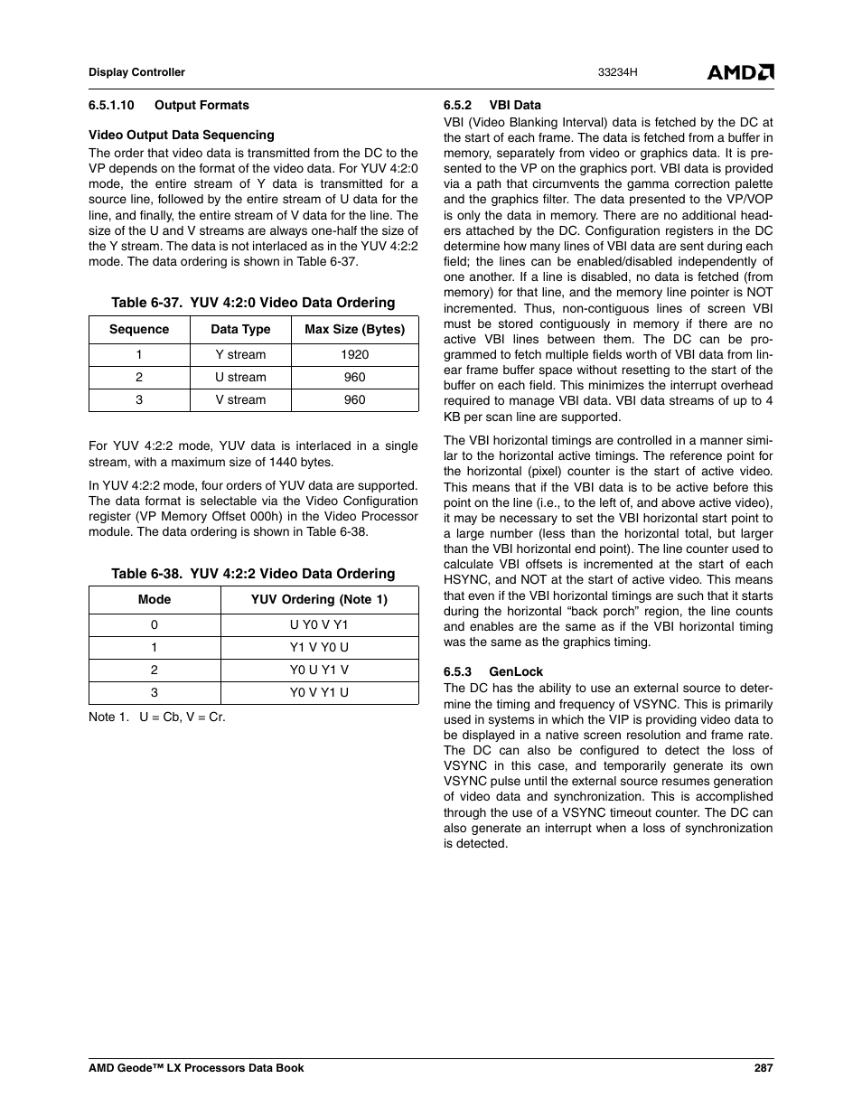 10 output formats, 2 vbi data, 3 genlock | Table 6-37, Yuv 4:2:0 video data ordering, Table 6-38, Yuv 4:2:2 video data ordering | AMD Geode LX 800@0.9W User Manual | Page 287 / 680