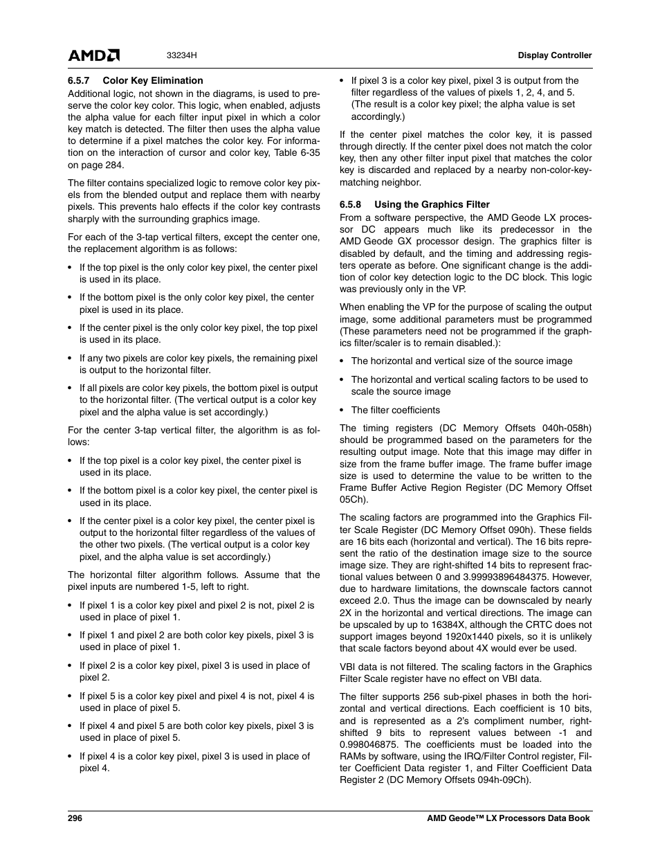 7 color key elimination, 8 using the graphics filter | AMD Geode LX 800@0.9W User Manual | Page 296 / 680