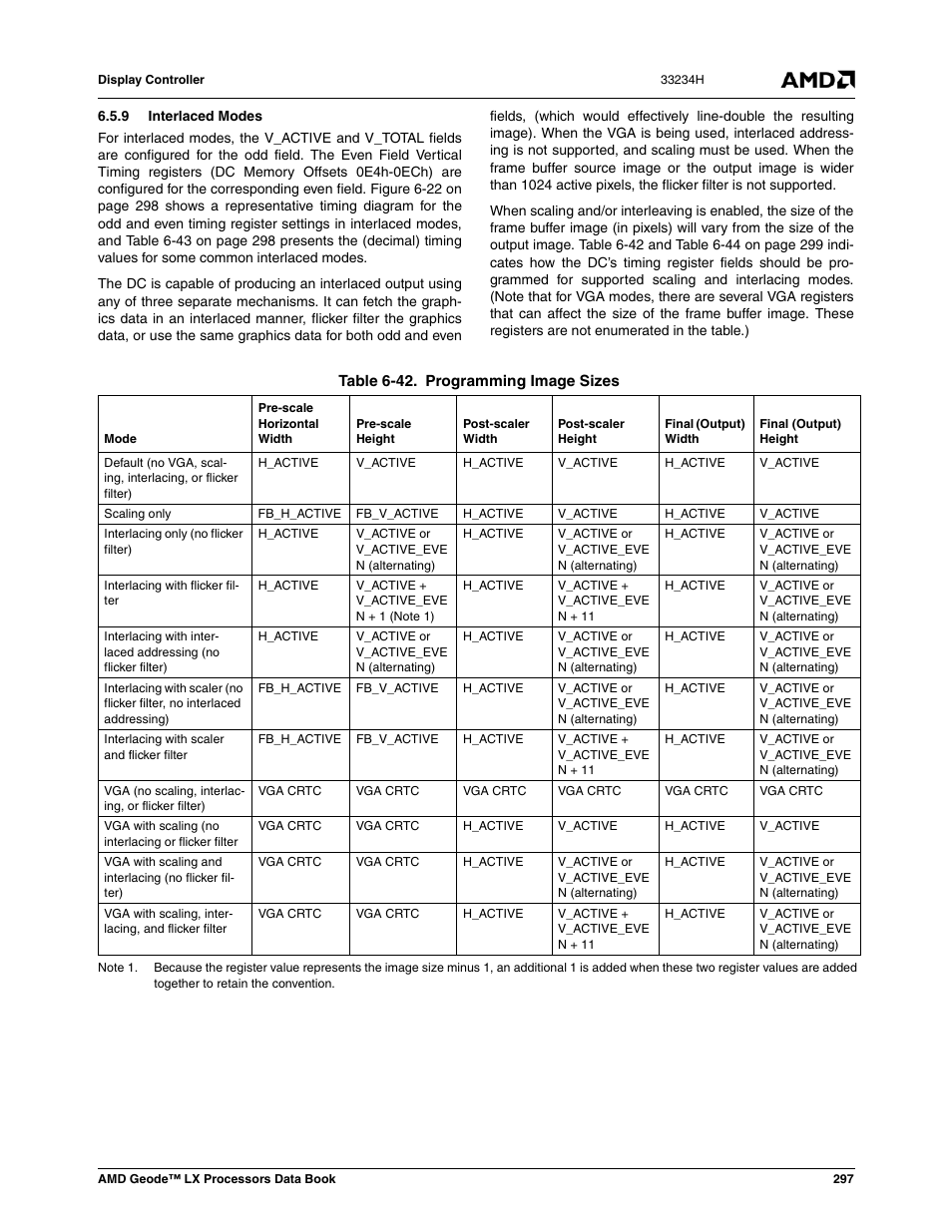 9 interlaced modes, Table 6-42, Programming image sizes | AMD Geode LX 800@0.9W User Manual | Page 297 / 680