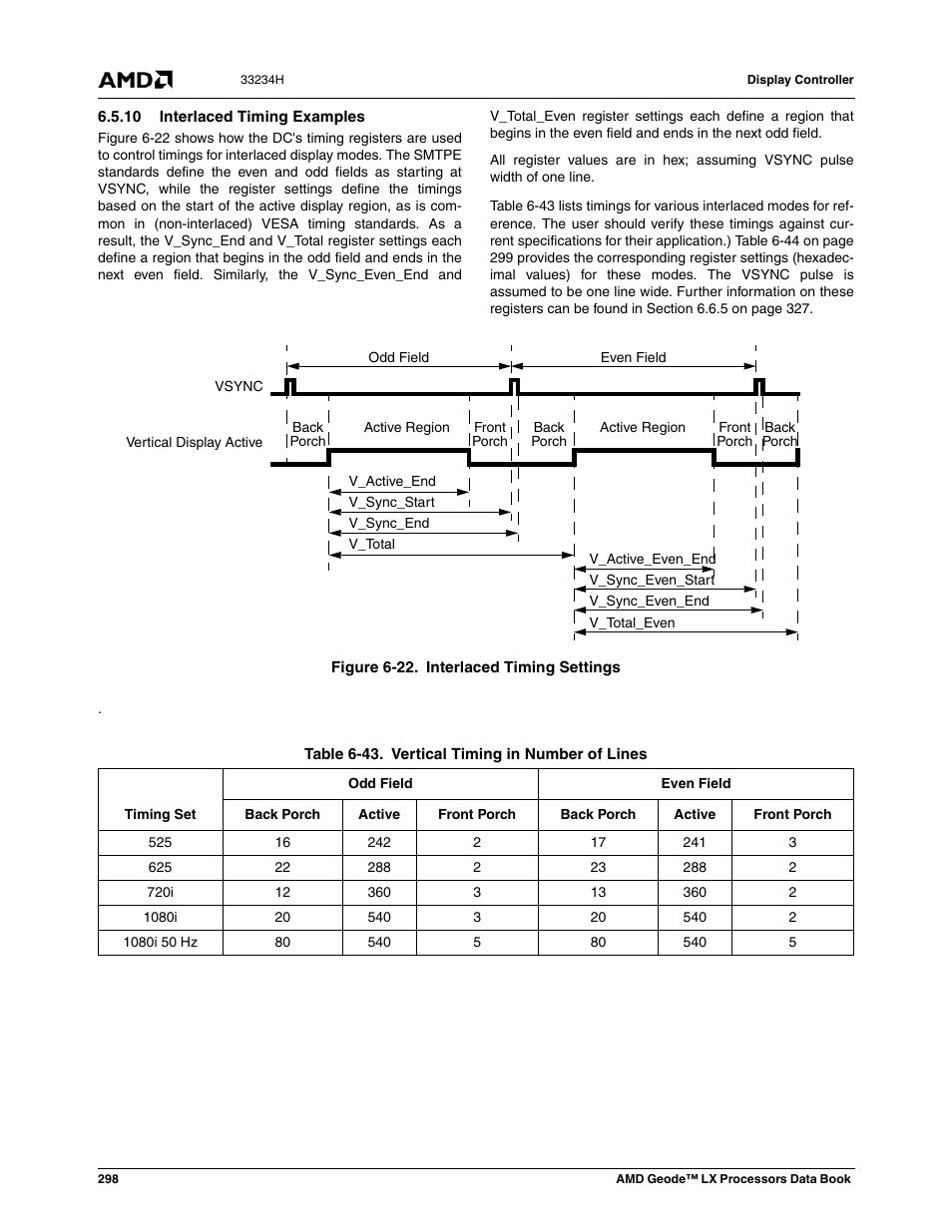 10 interlaced timing examples, Figure 6-22, Interlaced timing settings | Table 6-43, Vertical timing in number of lines | AMD Geode LX 800@0.9W User Manual | Page 298 / 680