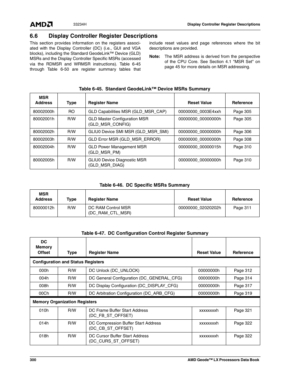 6 display controller register descriptions, Display controller register descriptions, Table 6-45 | Standard geodelink™ device msrs summary, Table 6-46, Dc specific msrs summary, Table 6-47, Dc configuration control register summary | AMD Geode LX 800@0.9W User Manual | Page 300 / 680