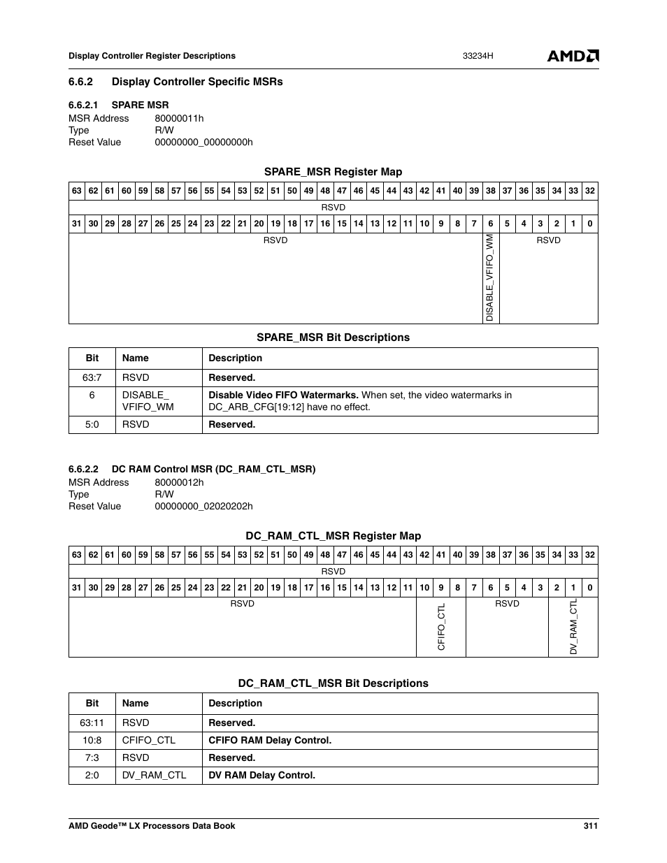 2 display controller specific msrs, 1 spare msr, 2 dc ram control msr (dc_ram_ctl_msr) | Dc ram control msr (dc_ram_ctl_msr) | AMD Geode LX 800@0.9W User Manual | Page 311 / 680