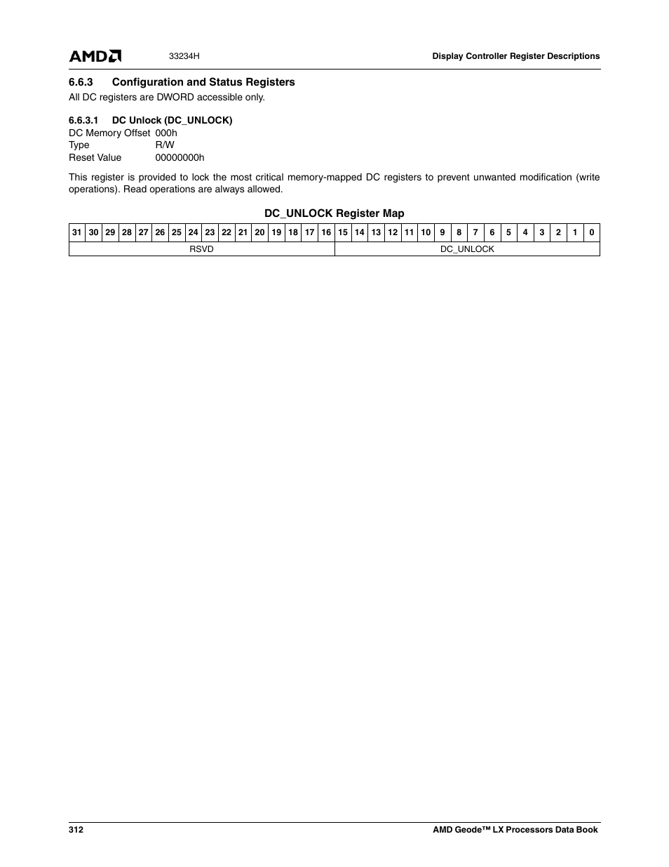 3 configuration and status registers, 1 dc unlock (dc_unlock), Dc unlock (dc_unlock) | AMD Geode LX 800@0.9W User Manual | Page 312 / 680