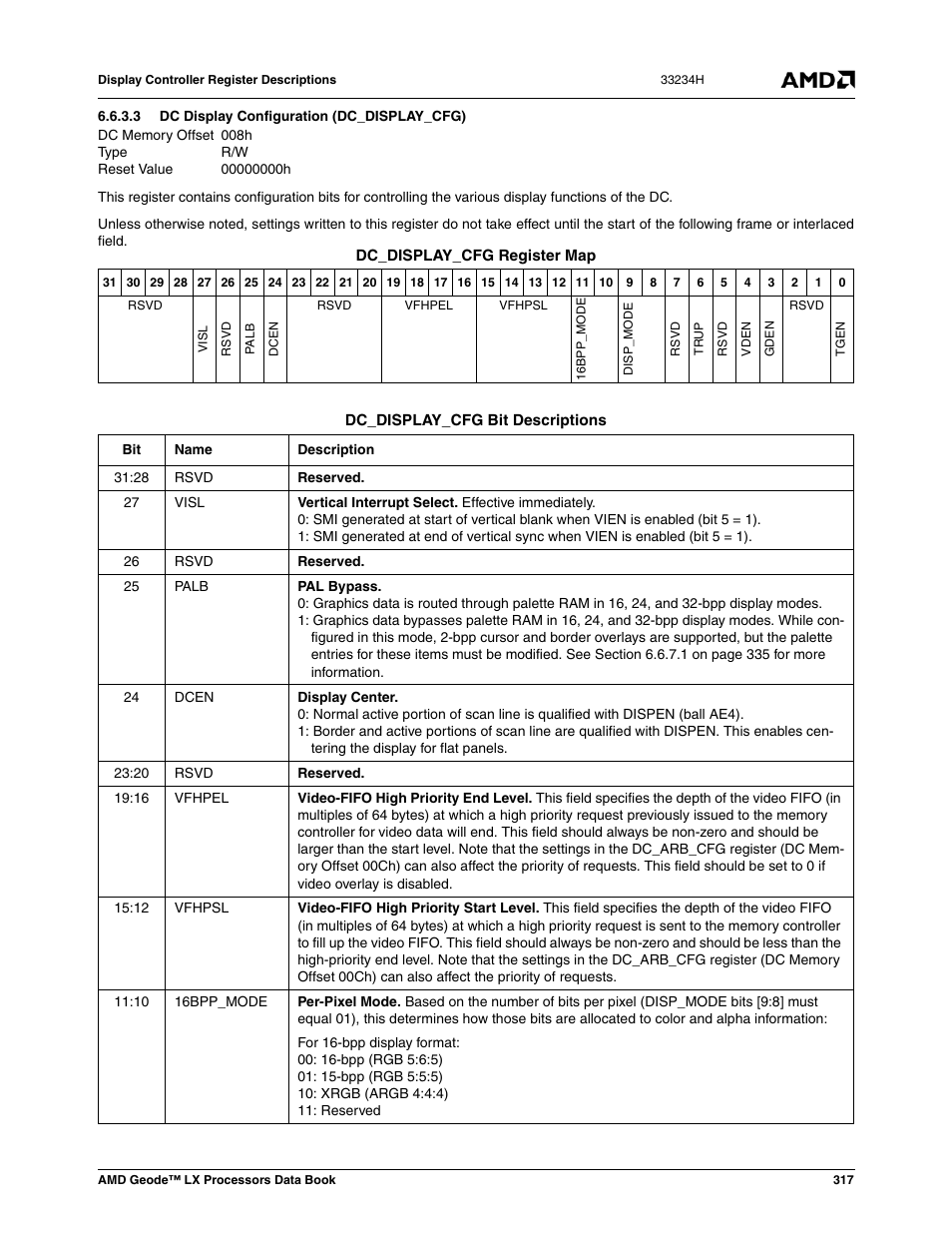 3 dc display configuration (dc_display_cfg), 008h, Dc display configuration (dc_display_cfg) | 00000000h | AMD Geode LX 800@0.9W User Manual | Page 317 / 680